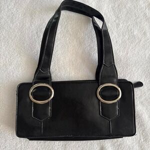 Y2k black faux leather shoulder with silver hardware buckles